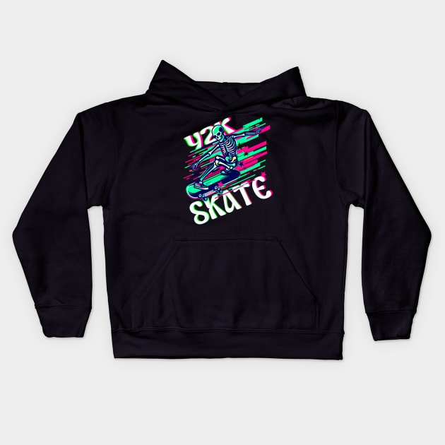 Skeleton Skateboarding Y2k Kids Hoodie by Outrageous Flavors